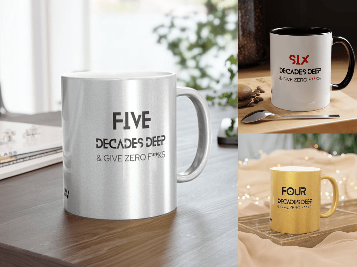 DECADES DEEP Silver/Gold Mugs for 40 - 70 somethings - Polyeurasian